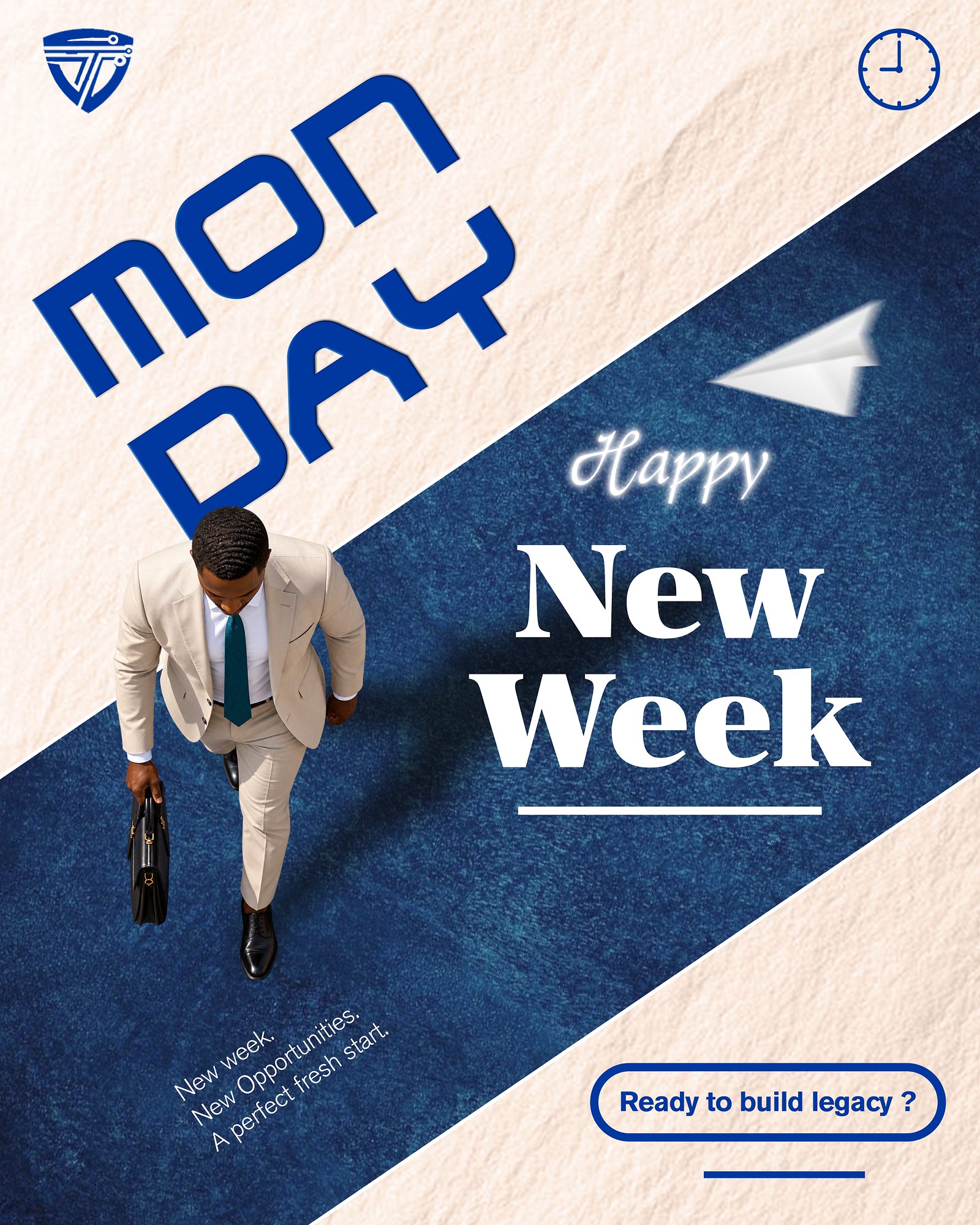 Happy New Week: a businessman in a cream suit walking across a deep blue diagonal band